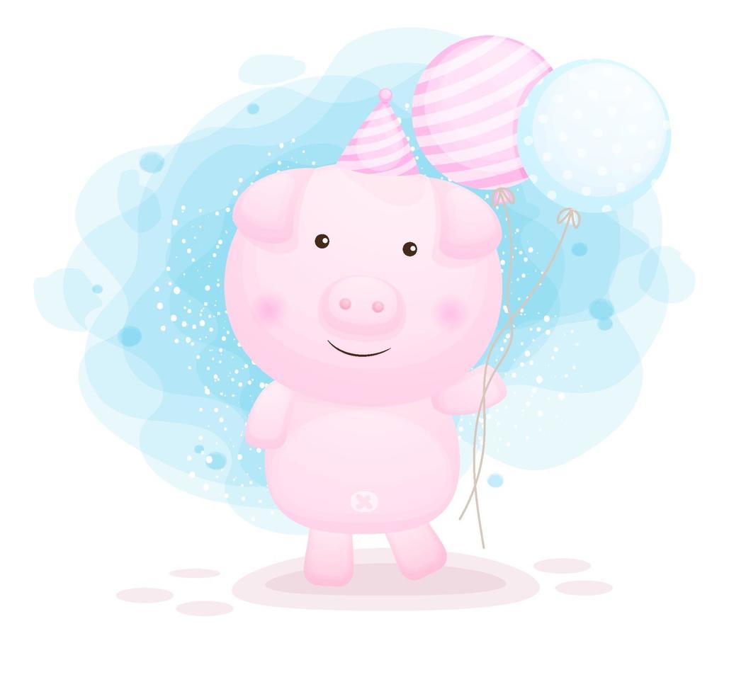 carino doodle piggy holding palloncini fumetto illustrazione vettore