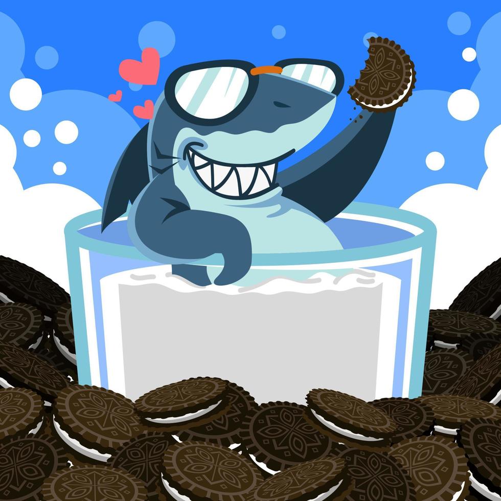 squalo godendo il cioccolato biscotti e latte vettore