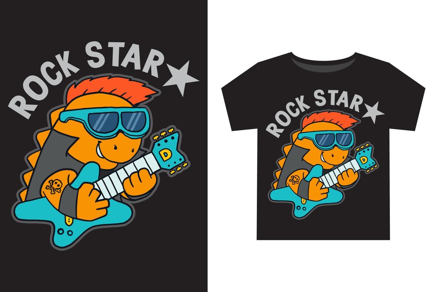 mano disegnato divertente dino roccia stella con elettrico chitarra cartone animato illustrazione per bambini t camicia vettore