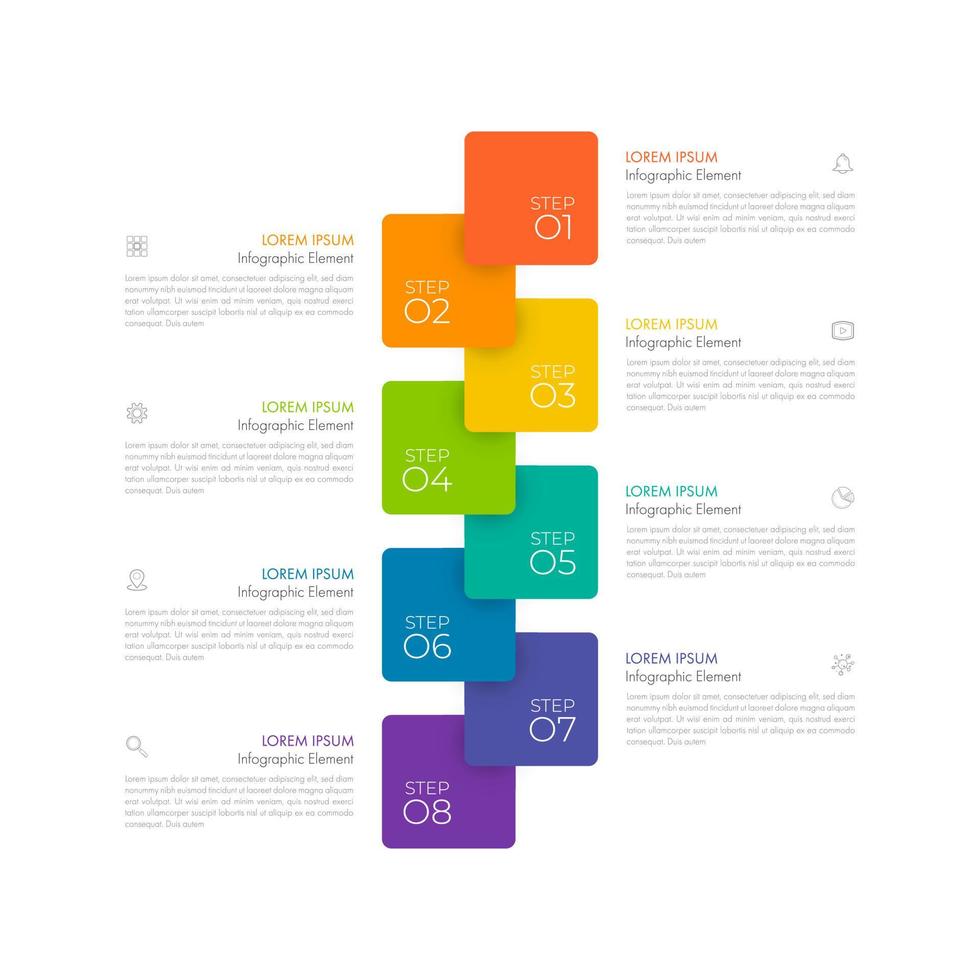 moderno Infografica sequenza temporale modello può essere Usato per flusso di lavoro disposizione, diagramma, numero opzioni, ragnatela design. Infografica attività commerciale concetto con 8 opzioni, parti, passaggi o processi. vettore