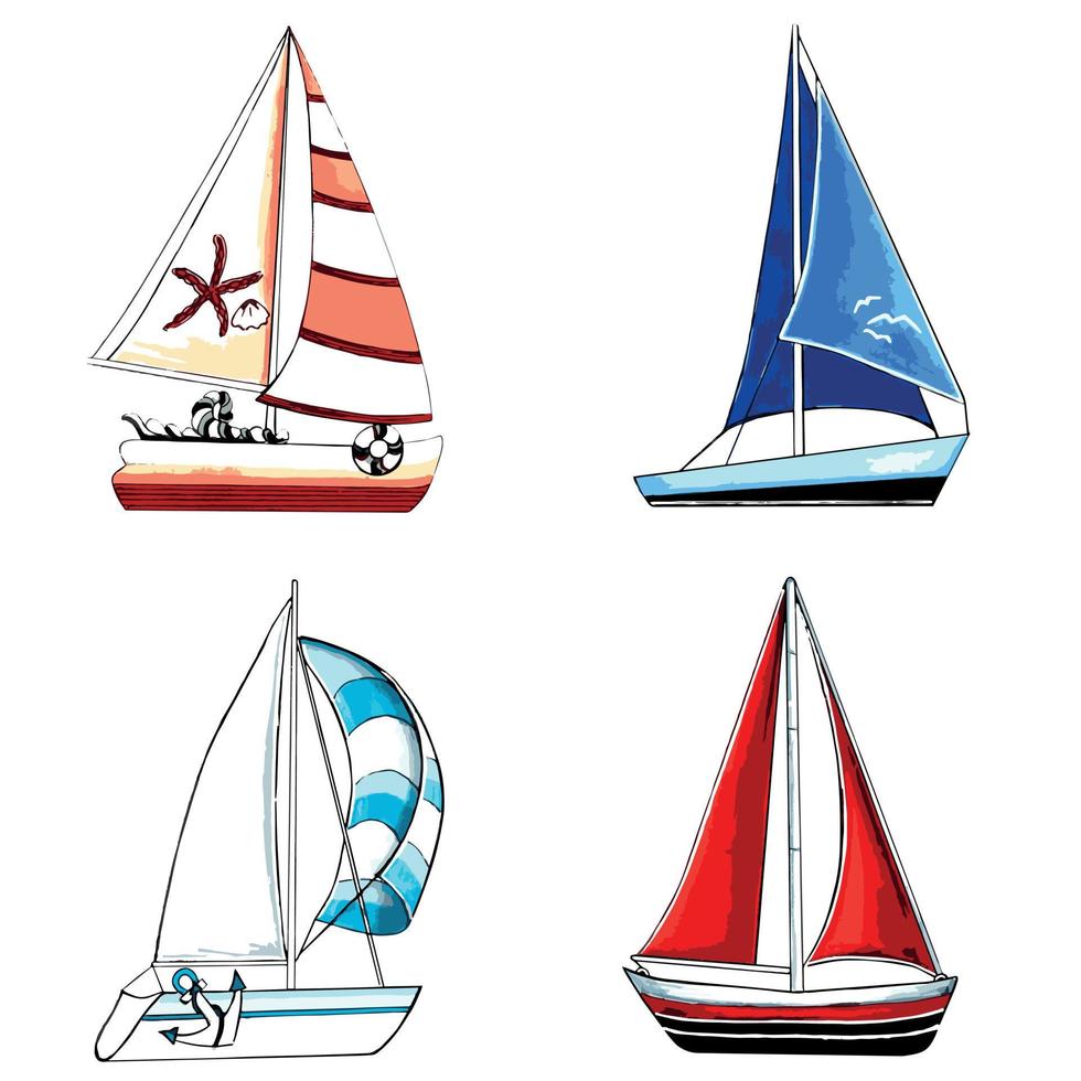 impostato di Marrone, blu, rosso e acqua colore yacht. vettore eps illustrazione marino vita.