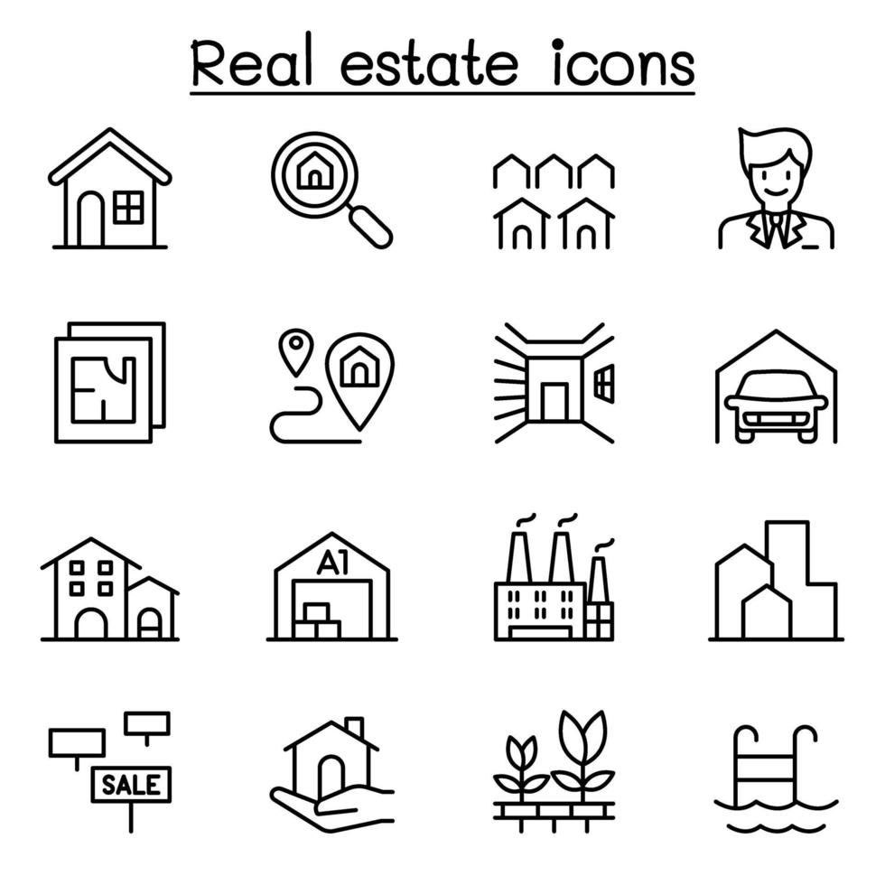 icona del bene immobile impostata in stile linea sottile vettore