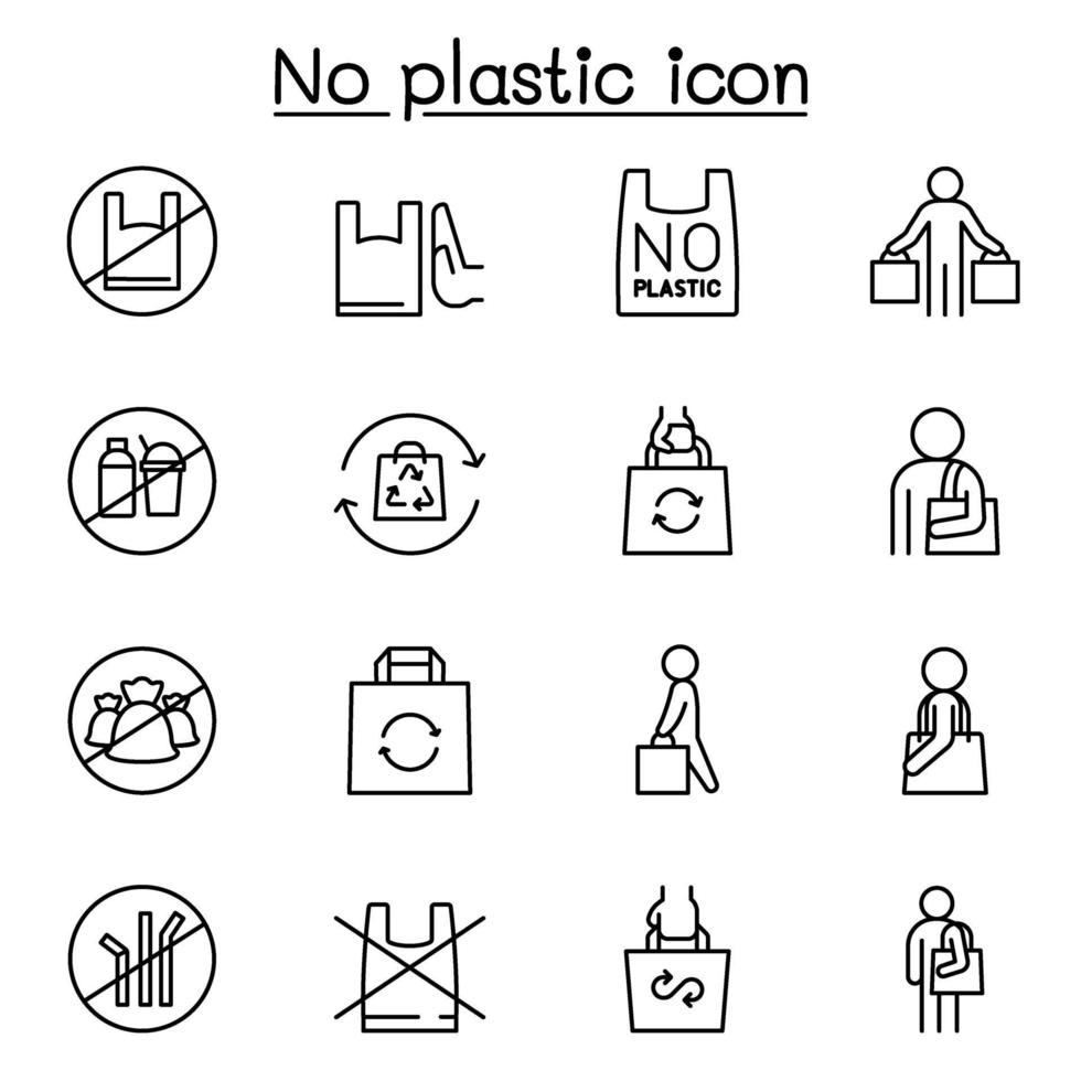 nessuna icona del segno di plastica impostata in stile linea sottile vettore