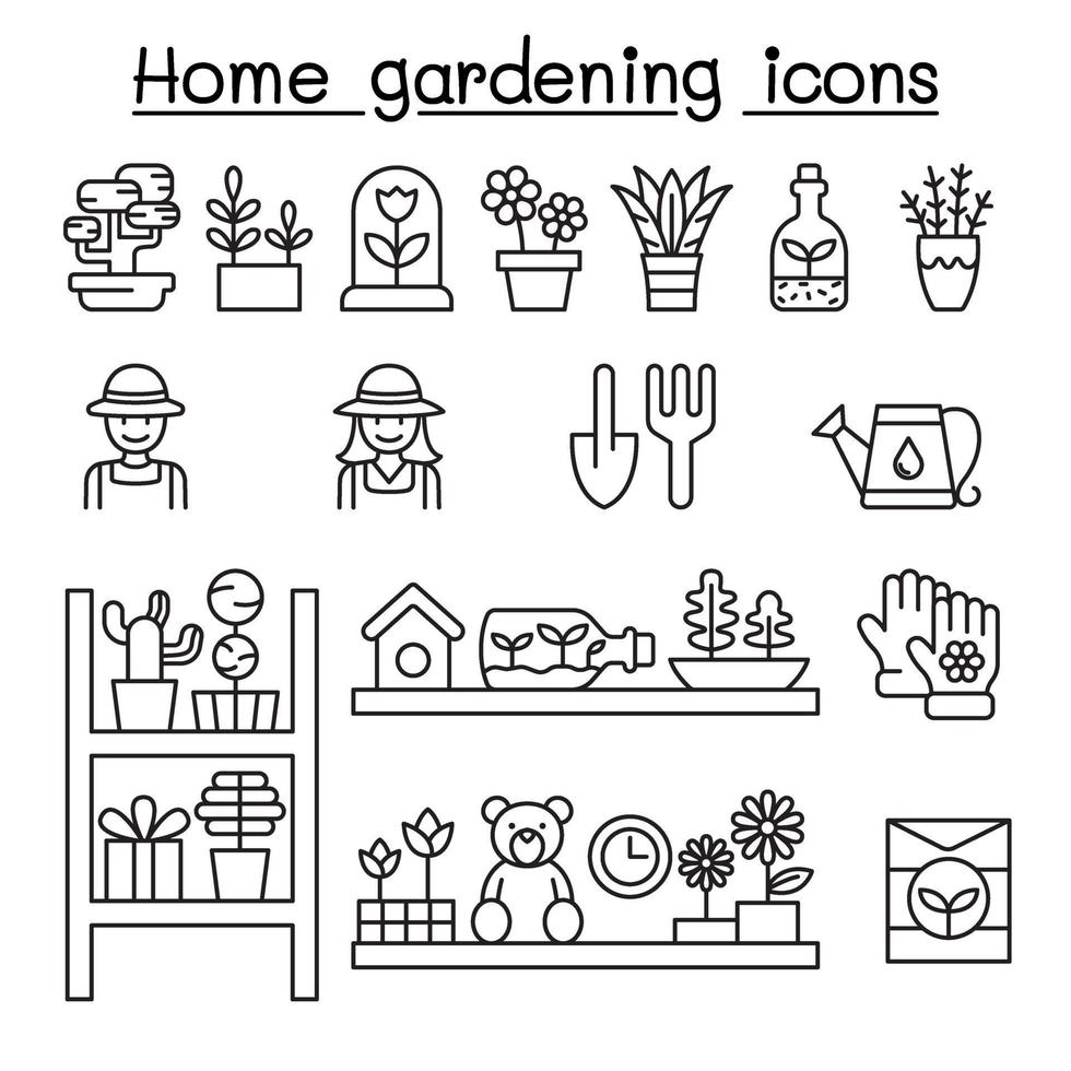 Icone di giardinaggio domestico impostate in stile linea sottile vettore