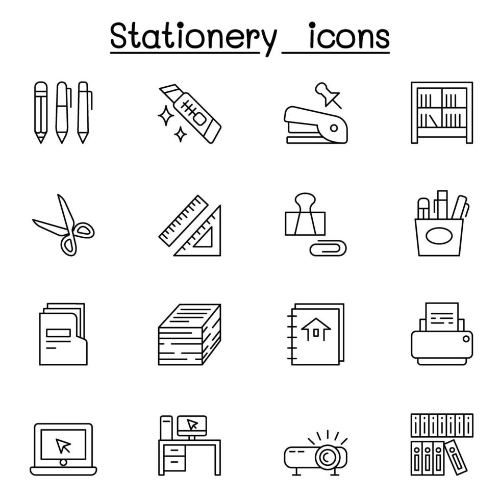 set di icone di cancelleria in stile linea sottile vettore
