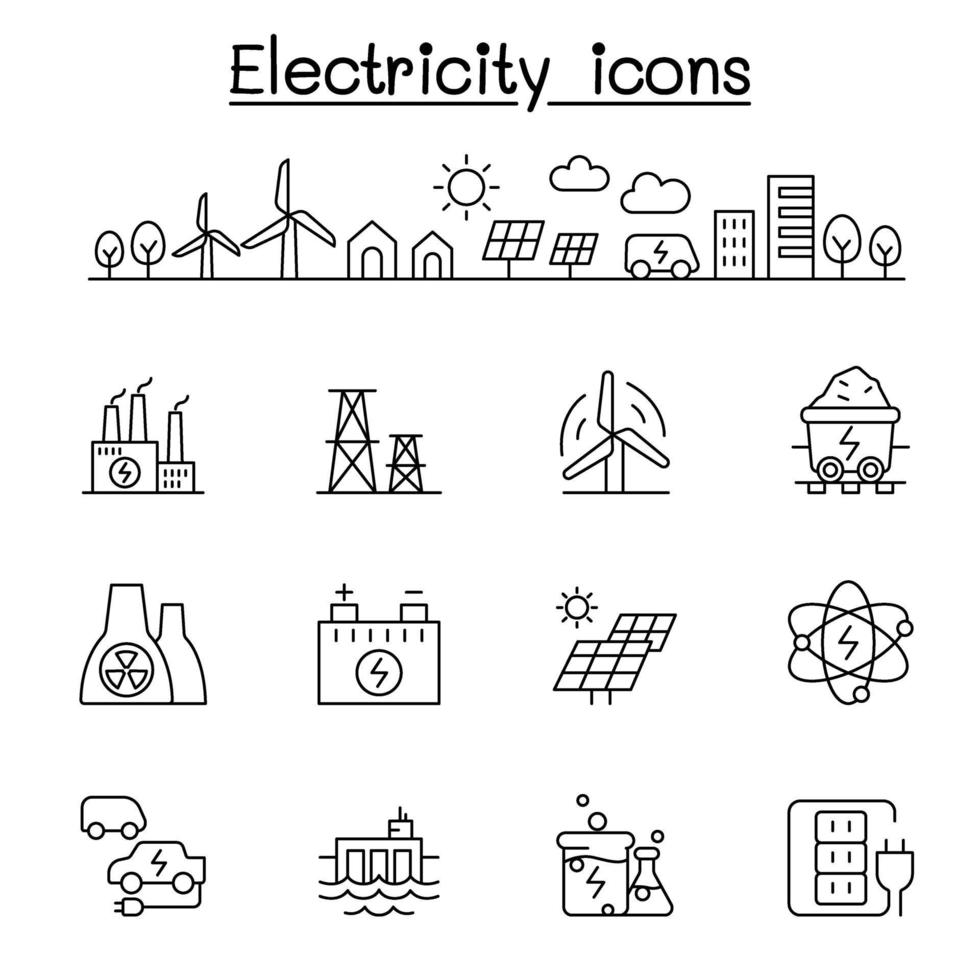icone di elettricità impostate in stile linea sottile vettore