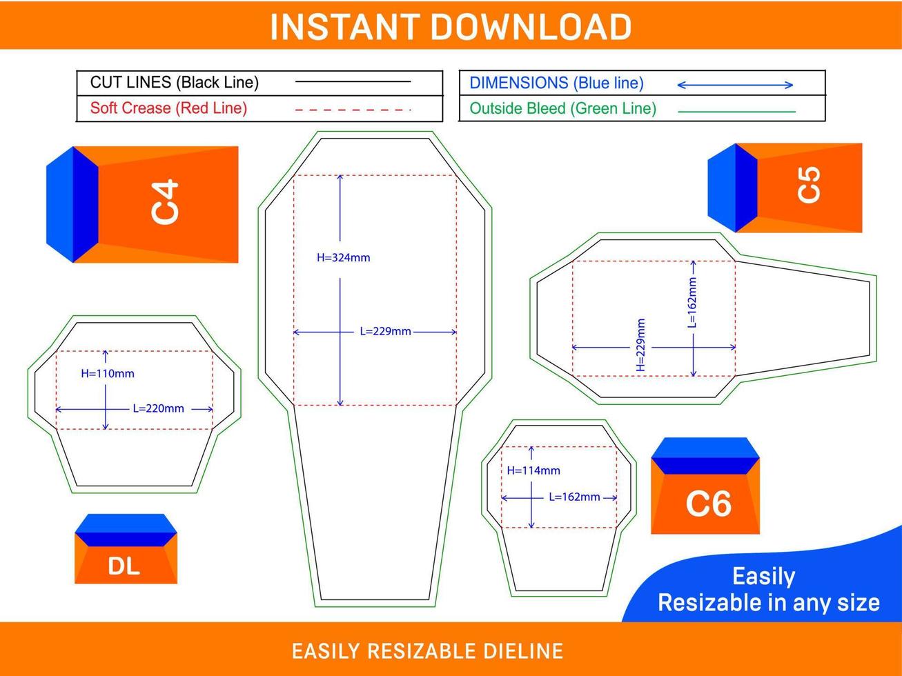 Busta impostato di standard dimensioni Dieline modello scatola Dieline e 3d scatola vettore