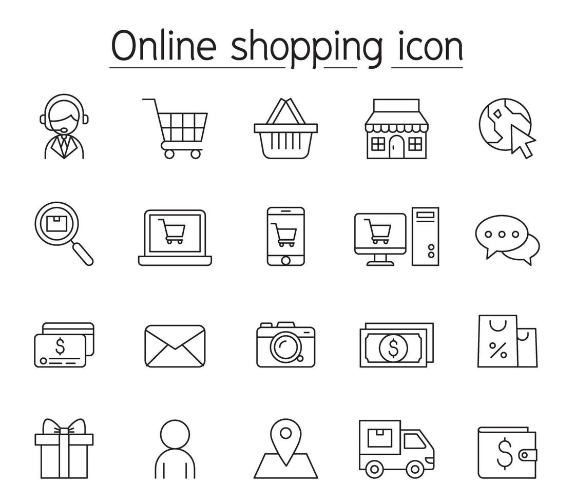 icona dello shopping online impostata in stile linea sottile vettore