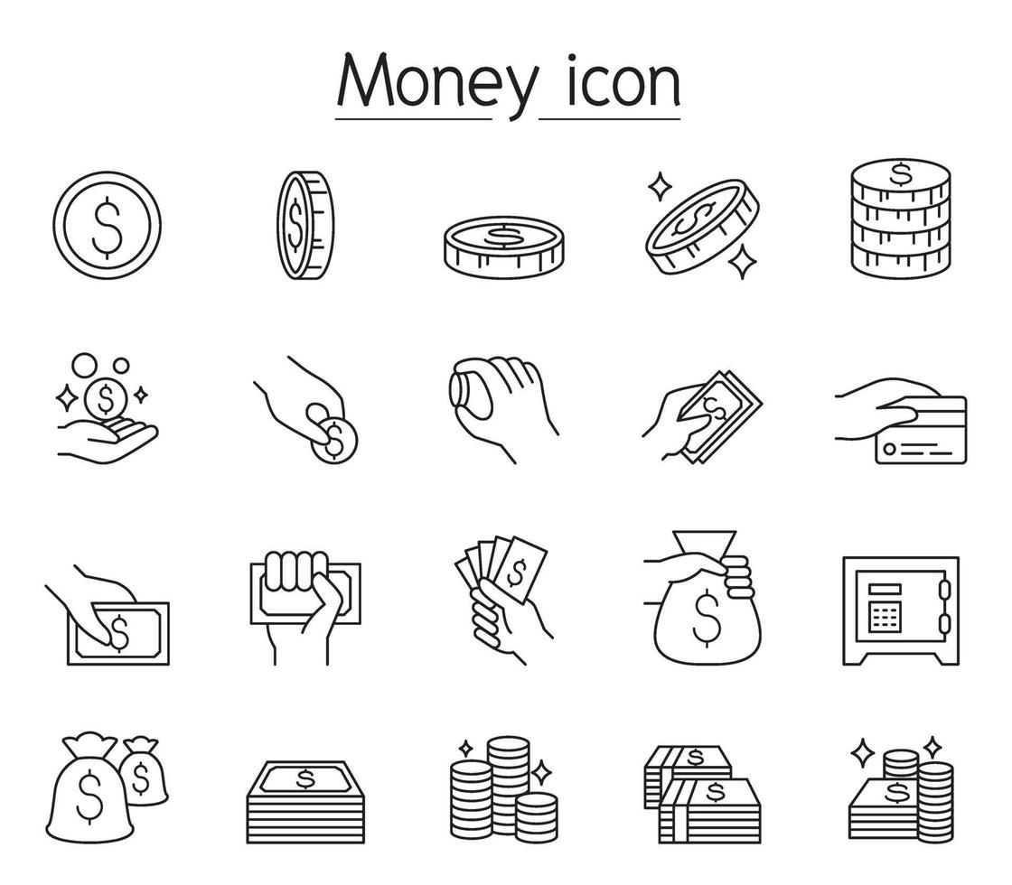 denaro, contanti, moneta, icona di valuta impostata in stile linea sottile vettore