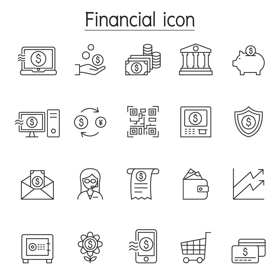 icona finanziaria e bancaria impostata in stile linea sottile vettore