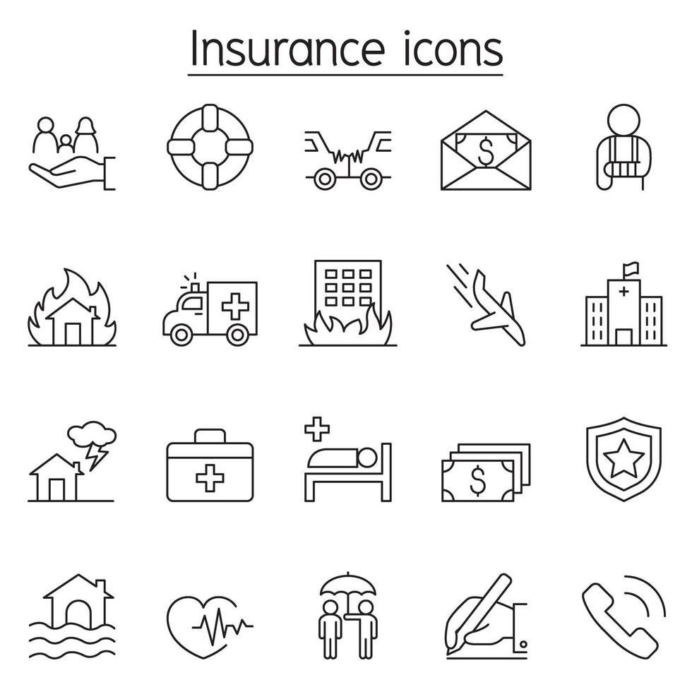 icona di assicurazione impostata in stile linea sottile vettore