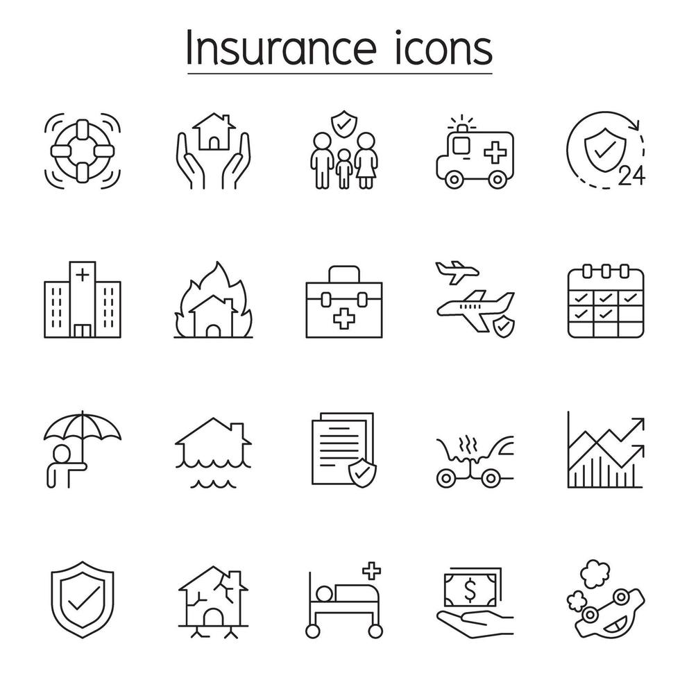 icona di assicurazione impostata in stile linea sottile vettore
