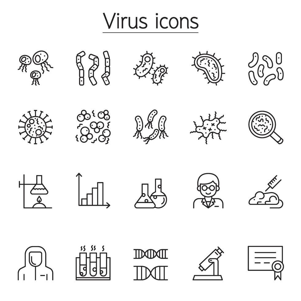 icone di batteri, microbi e virus impostate in stile linea sottile vettore