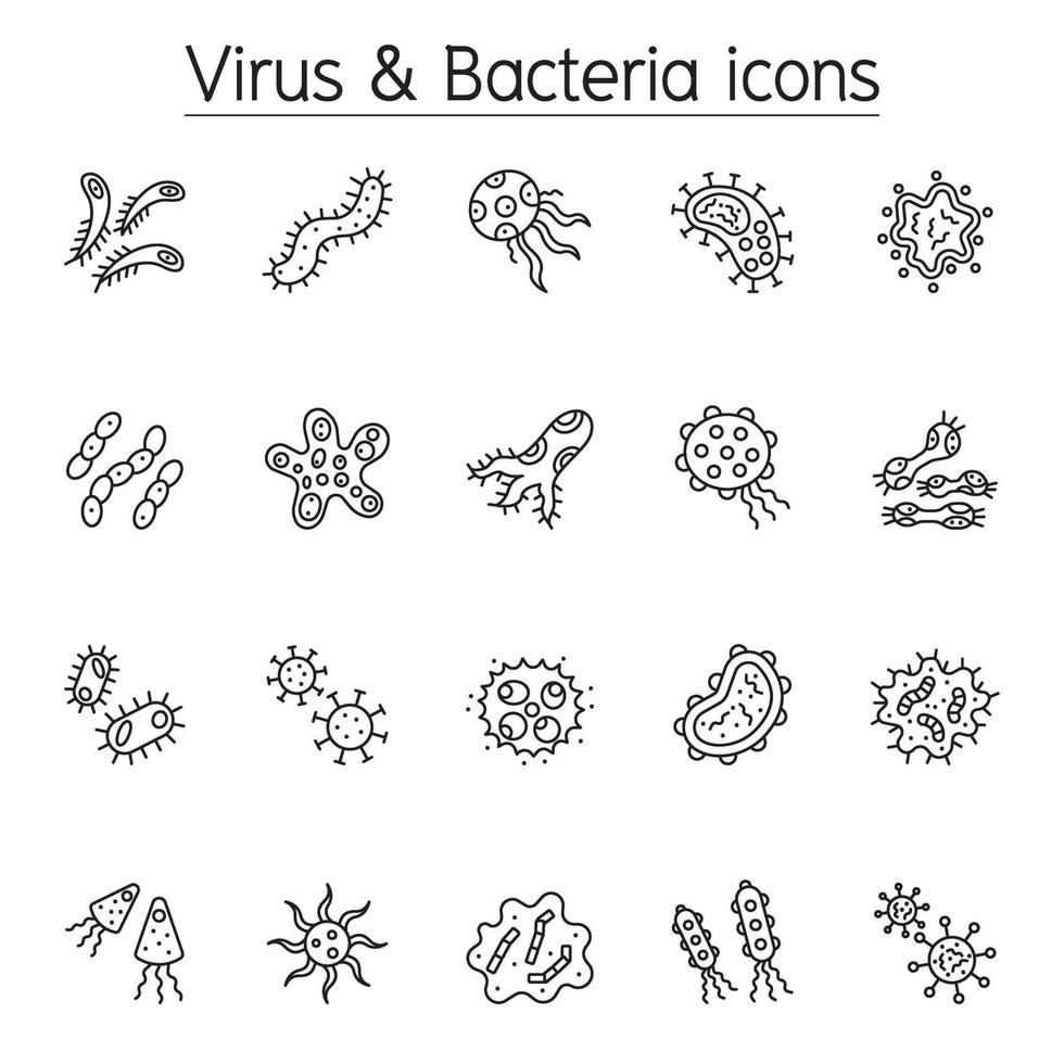 icona di virus e batteri impostata in stile linea sottile vettore