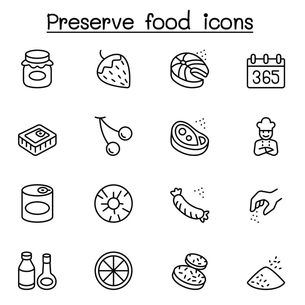 icone di cibo conservato impostate in stile linea sottile vettore