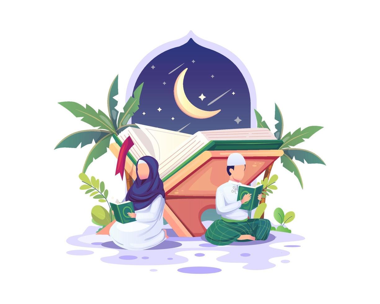 coppia musulmana che legge e studia il Corano durante il mese sacro del Ramadan Kareem vettore