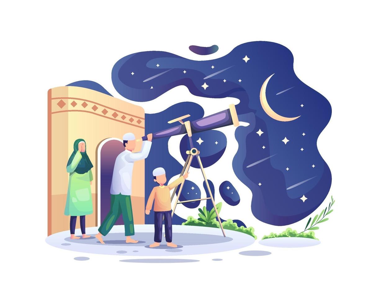 ramadan kareem, i musulmani cercano nel cielo con un telescopio la luna nuova che segna l'inizio del mese sacro del ramadan vettore