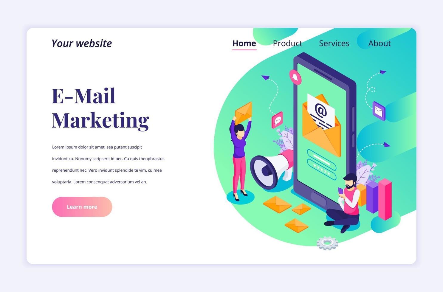 concetto di design della pagina di destinazione isometrica dei servizi di email marketing con un uomo seduto vicino a uno smartphone gigante. illustrazione vettoriale