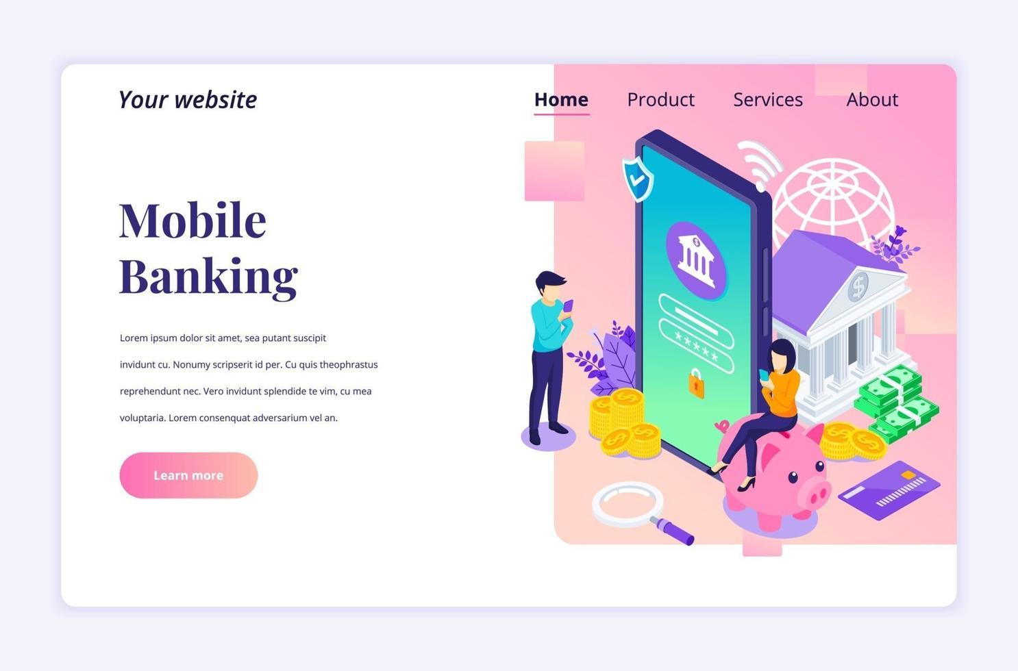 moderno concetto di design piatto isometrico di banking online con personaggi. pagamento mobile elettronico per sito web e sito web mobile. modello di pagina di destinazione. illustrazione vettoriale