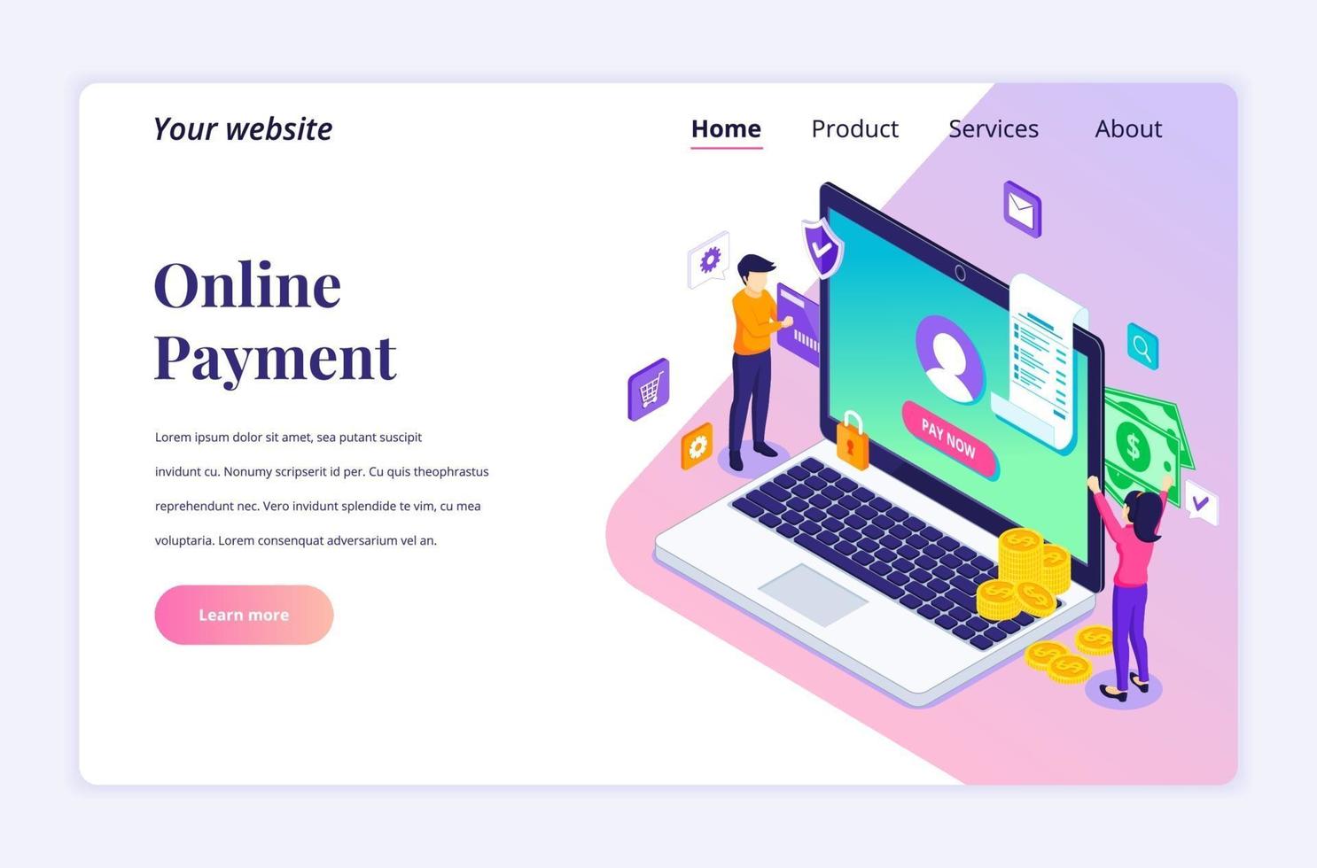 moderno concetto di design piatto isometrico di pagamento online, trasferimento di denaro. le persone effettuano una transazione online per un sito Web e un sito Web per dispositivi mobili. modello di pagina di destinazione. illustrazione vettoriale