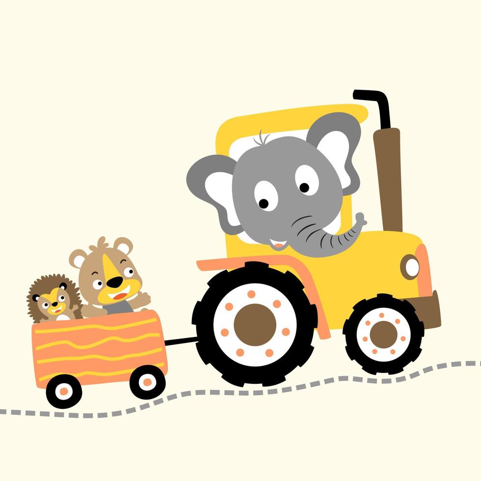 divertente elefante guida trattore traino orso e riccio con carrello, vettore cartone animato illustrazione