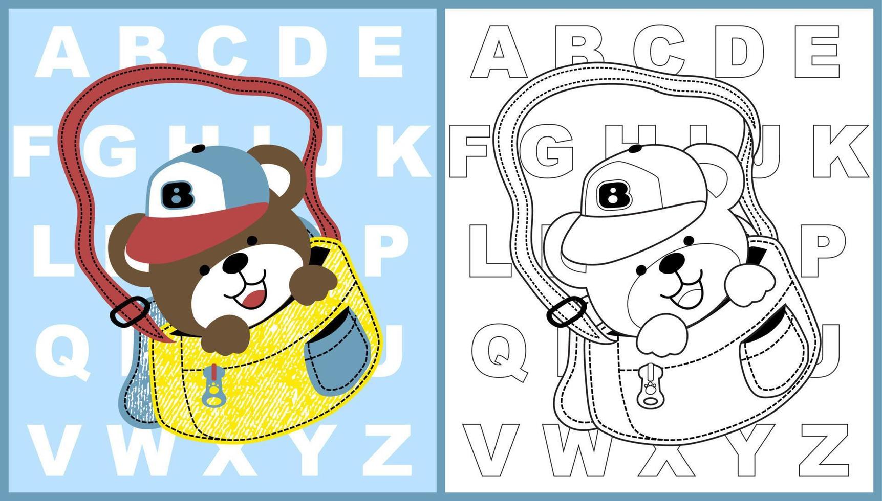 vettore cartone animato di carino orso nel il Borsa su alfabeto sfondo, colorazione pagina o libro