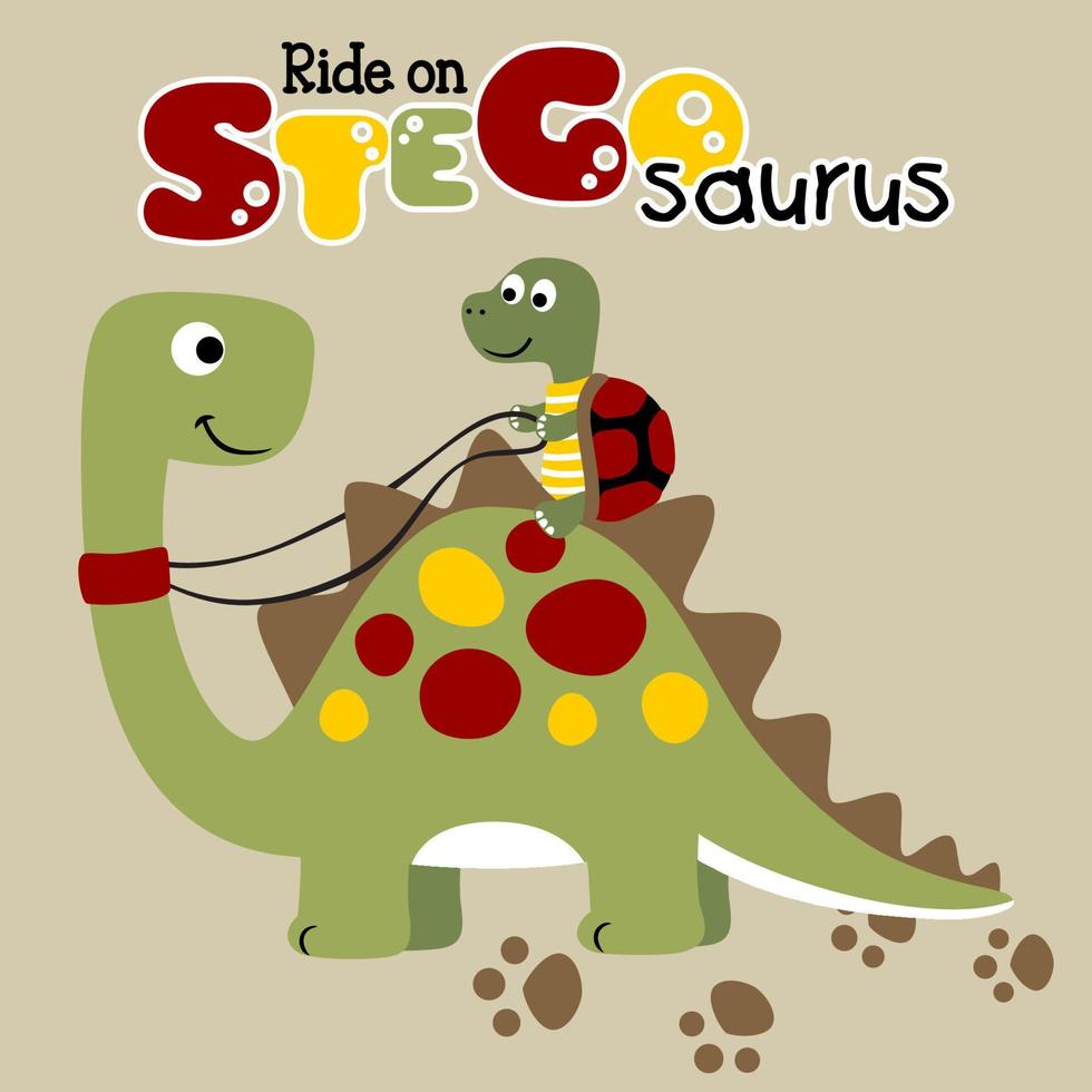 divertente tartaruga cavalcata su dinosauro, vettore cartone animato illustrazione