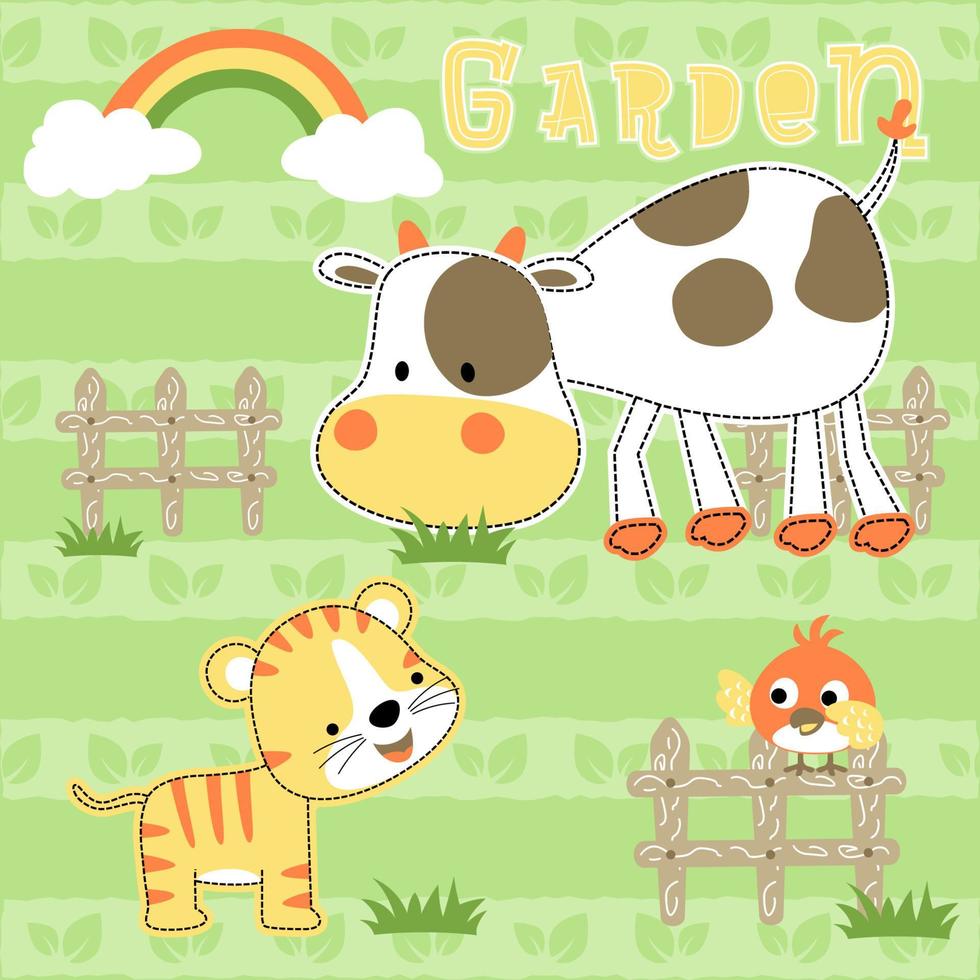 carino gattino con mucca e uccello nel giardino su a strisce le foglie sfondo, vettore cartone animato illustrazione