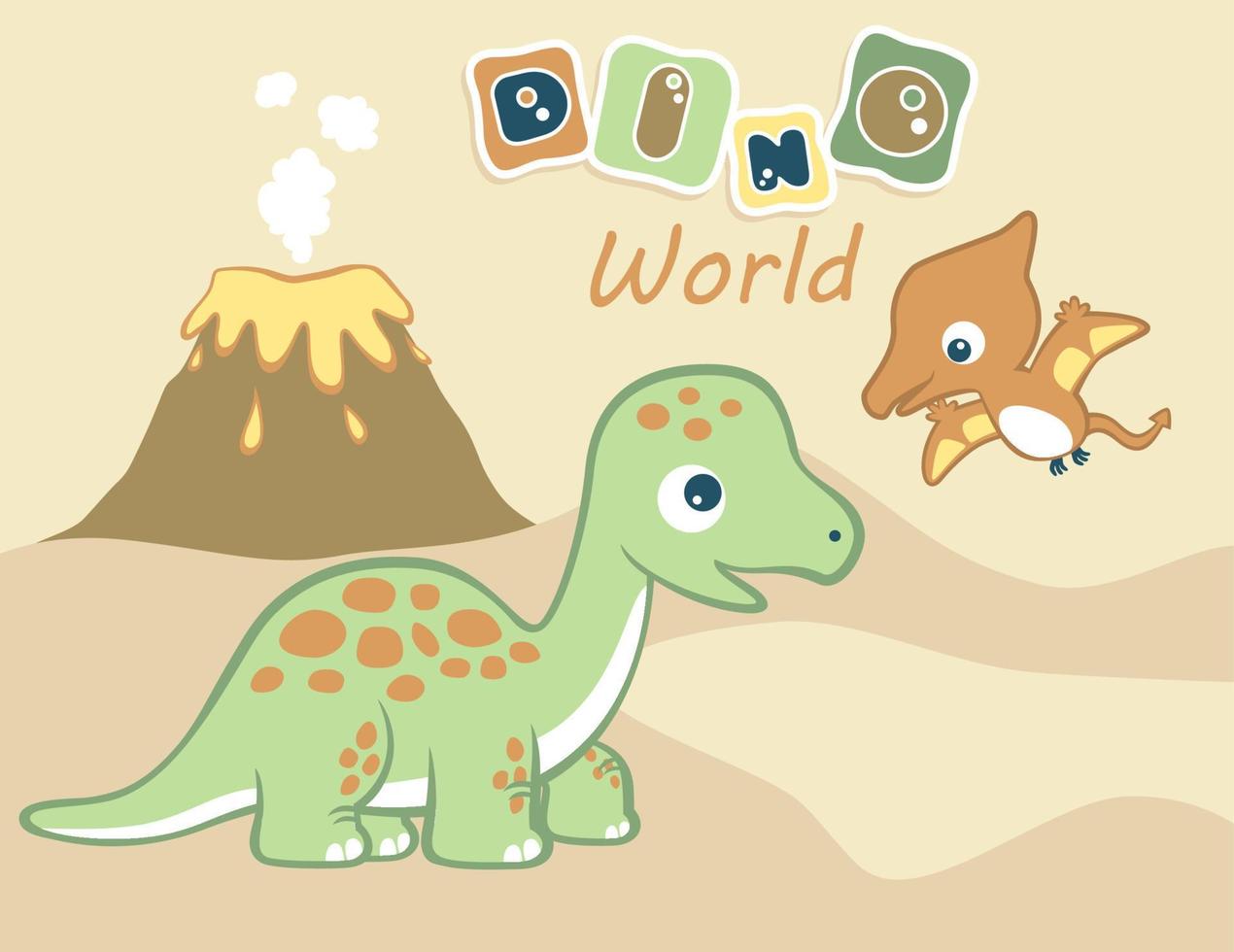 divertente dinosauri vettore cartone animato su vulcano eruzione sfondo