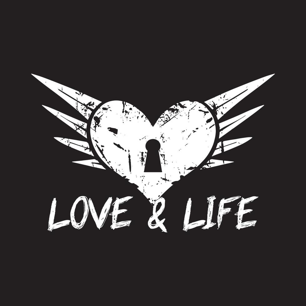 cuore Ali illustrazione con testo amore e vita nero e bianca grunge stile premio vettore