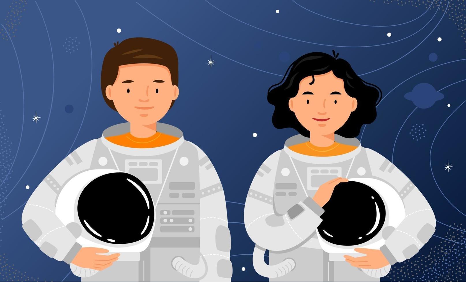 uomo e donna astronauti sullo sfondo del cielo stellato vettore