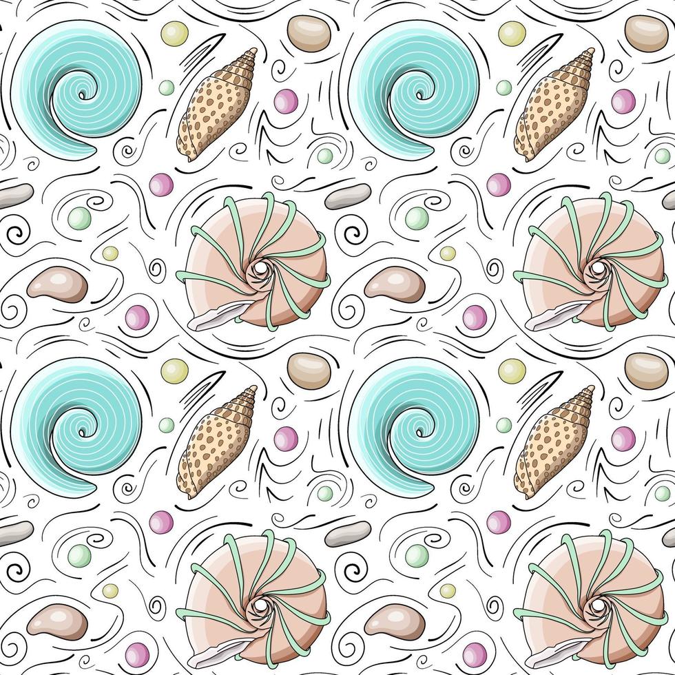 conchiglie vettoriali seamless pattern in stile cartone animato. conchiglie beige e blu, pietre di mare, sfere multicolori e linee scarabocchiate nere