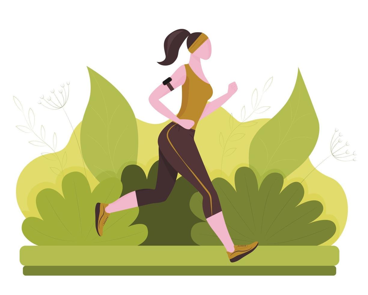 una donna che corre nel parco. uno stile di vita sano. sfondo colorato. illustrazione vettoriale in stile piatto