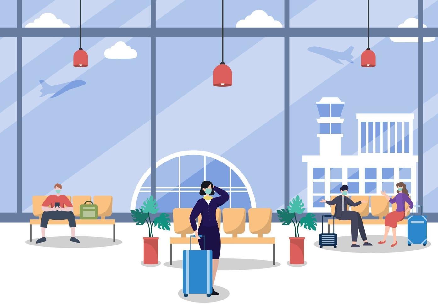 nuovo normale, illustrazione vettoriale persone in maschera seduti nel terminal interno dell'aeroporto, concetto di viaggio d'affari. design piatto.
