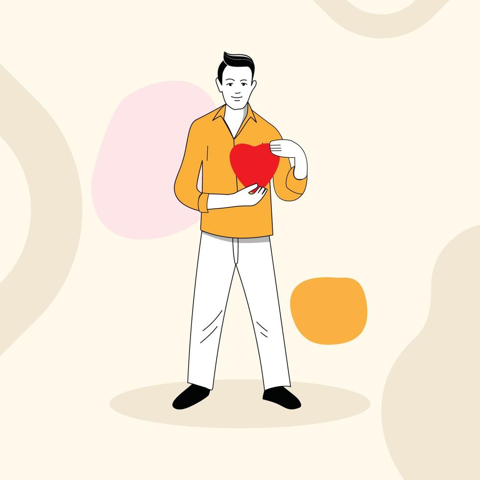 un' uomo Tenere un' cuore nel il suo mani vettore personaggio illustrazione per medico cuore giorno e san valentino giorno.