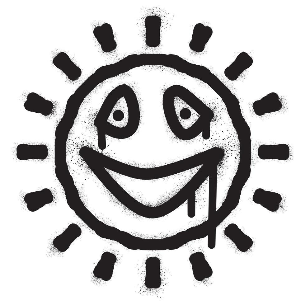 sorridente sole emoticon graffiti con nero spray dipingere vettore