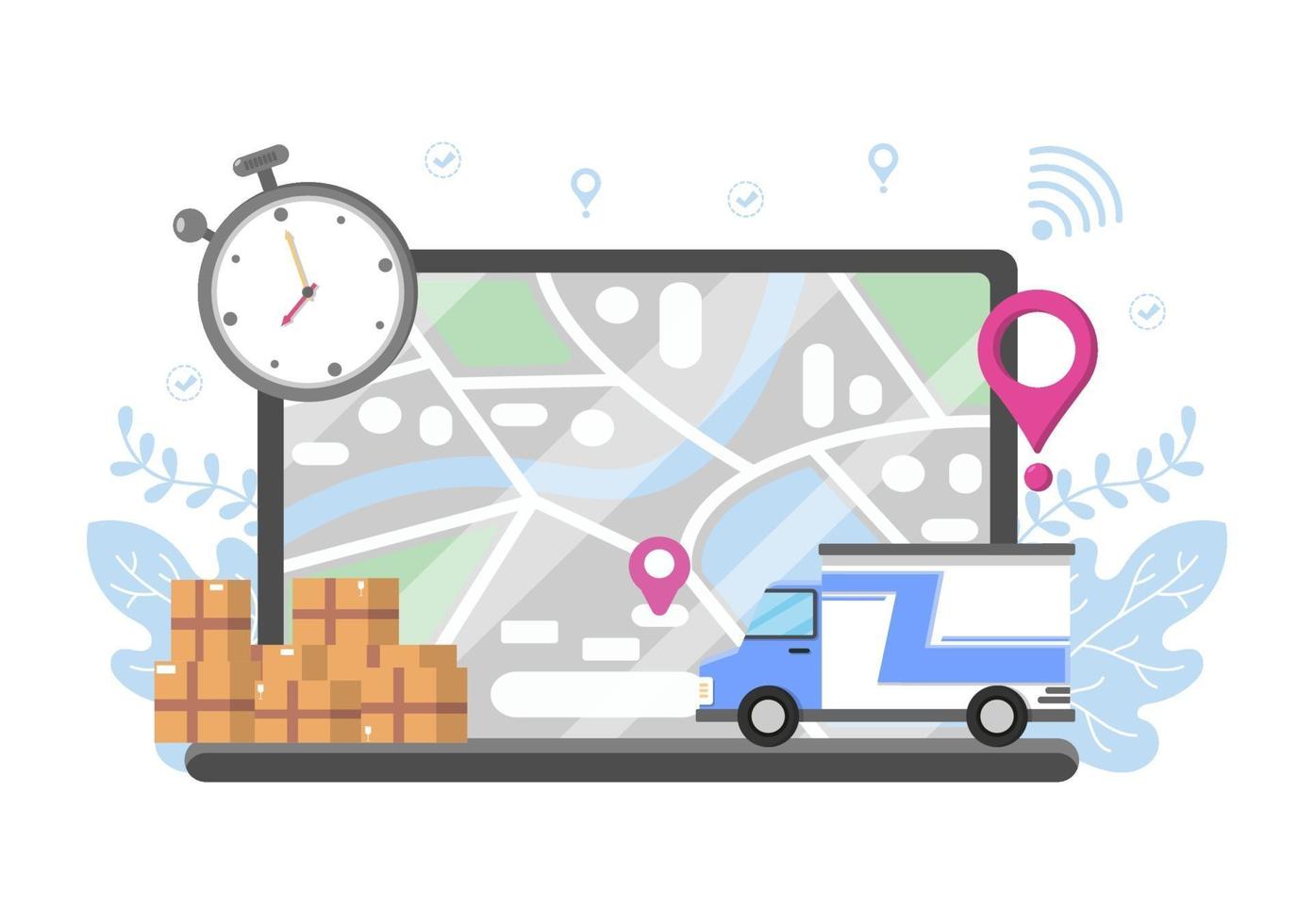 illustrazione piatta della consegna online per il monitoraggio degli ordini, il servizio di corriere, la spedizione delle merci, la logistica della città utilizzando un camion o una moto vettore