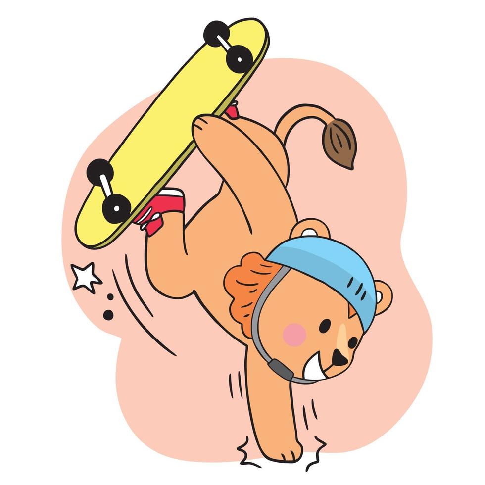 mano disegnare cartone animato carino leone che gioca sul vettore di skateboard.