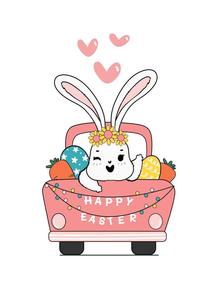 simpatico coniglietto primaverile in camion rosa auto con uovo di Pasqua e carote, buona pasqua, simpatico cartone animato doodle disegno illustrazione vettoriale. vettore