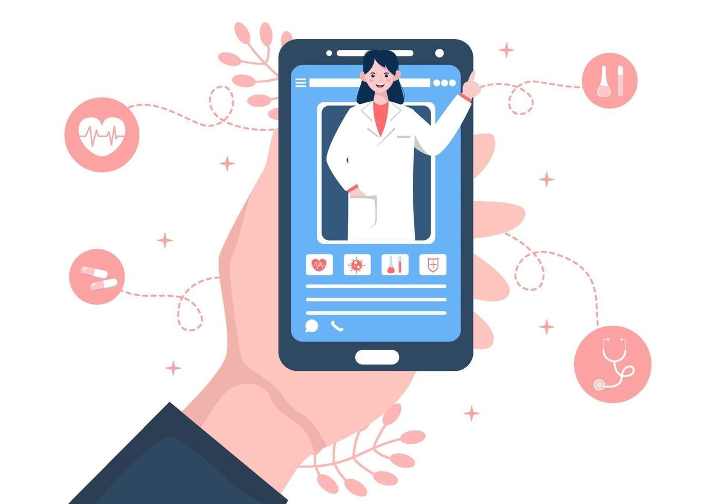 assistenza sanitaria online e concetto medico di illustrazione vettoriale medico, consulenza medica e trattamento tramite applicazione di smartphone o computer connesso a Internet clinica