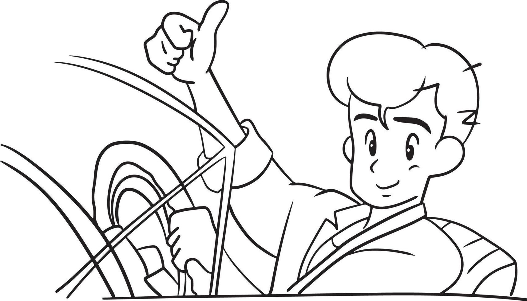 uomo guidare auto cartone animato scarabocchio kawaii anime colorazione pagina carino vettore