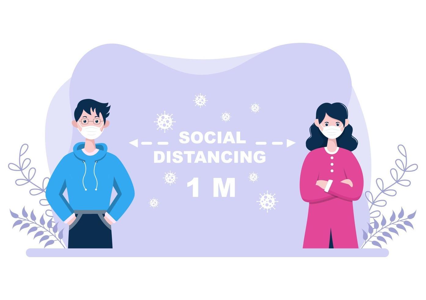 persone che indossano maschere e mantengono una distanza sociale minima di 1 metro per prevenire la malattia da coronavirus, illustrazione vettoriale