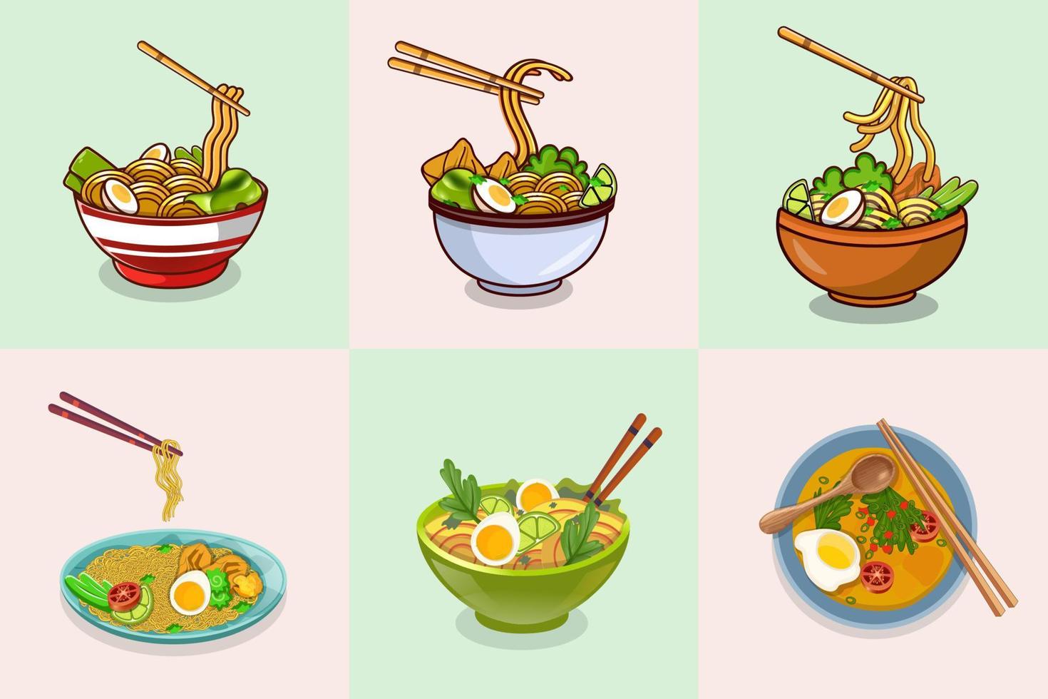 ramen con spaghetto alta qualità premio impostare. delizioso asiatico cibo clip arte con moderno sfondo. migliore creativo spaghetto illustrazioni vettore arte con alta qualità.