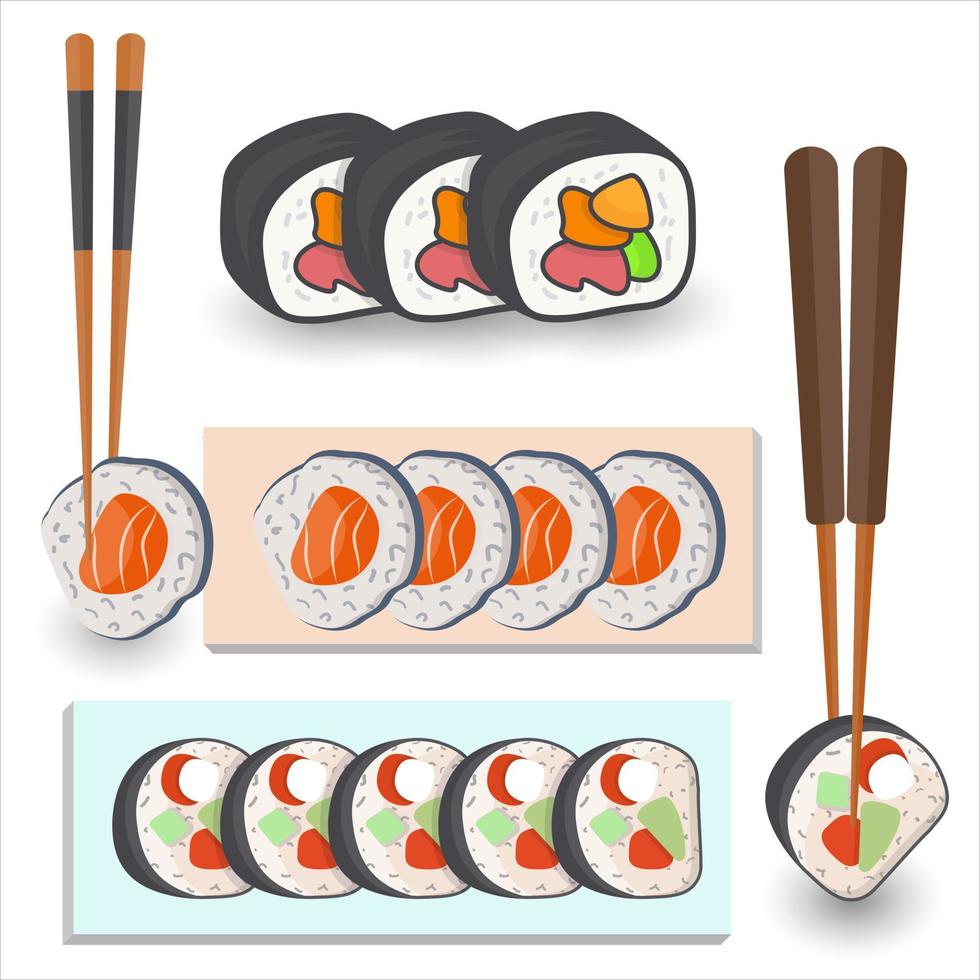 Sushi impostato su bianca sfondo, Sushi illustrazione asiatico cibo vettore impostare, premio design. creativo alta qualità unico Sushi clip arte illustrazione vettore.