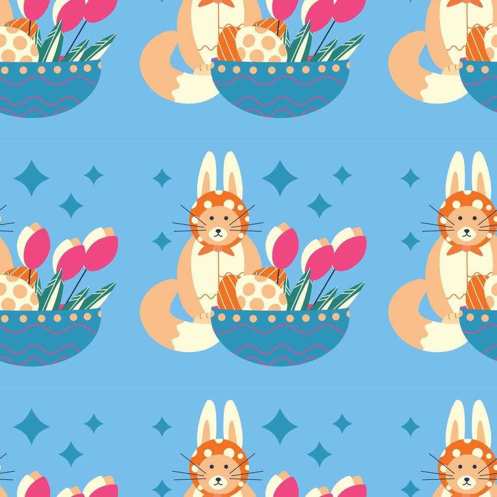 Pasqua modello con un' piatto con uova e un' gatto con coniglio orecchie, e fiori tulipani. vettore