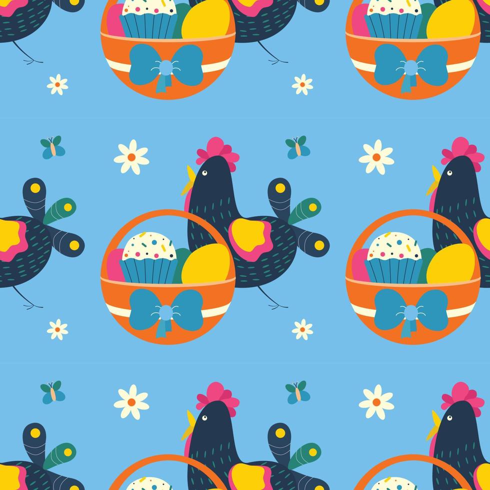 Pasqua modello con cestino con colorato uova, Pasqua cupcake, pollo, fiori, farfalle. vettore