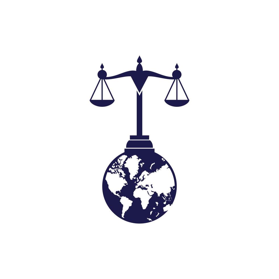 internazionale tribunale e supremo Tribunale logo concetto. bilancia su globo icona design. vettore