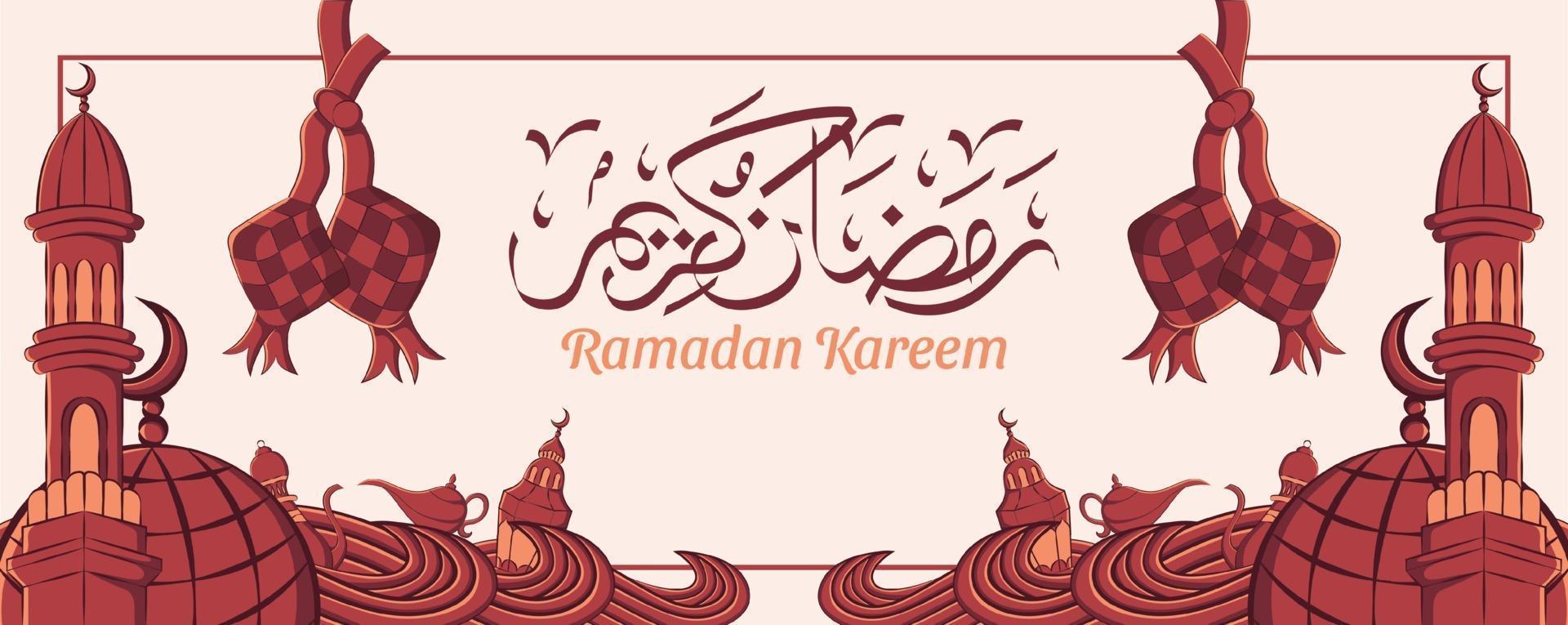 banner di ramadan kareem con ornamento illustrazione islamica disegnata a mano su sfondo bianco. vettore