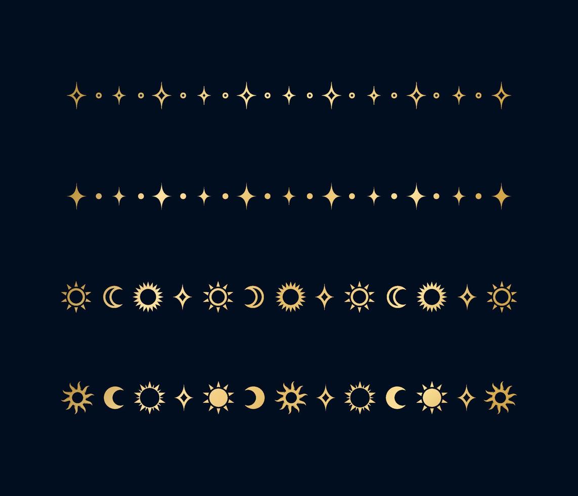 oro celeste separatore impostato con sole, stelle, Luna fasi, mezzelune. ornato boho mistico divisore decorativo elemento vettore