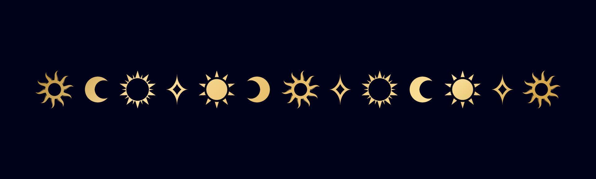 oro celeste separatore con sole, stelle, Luna fasi, mezzelune. ornato boho mistico divisore decorativo elemento vettore
